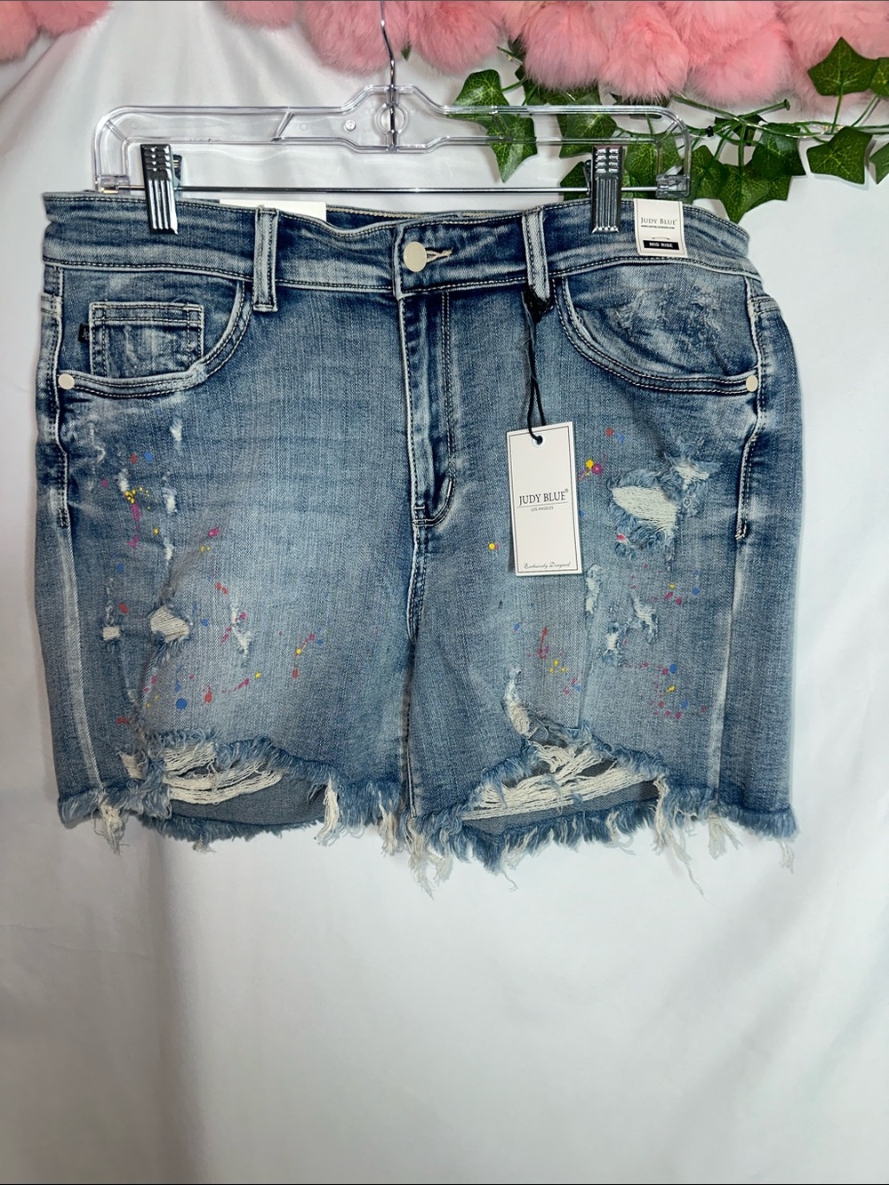 Judy Blue Light Blue Distressed Paint-Splatter Denim Shorts